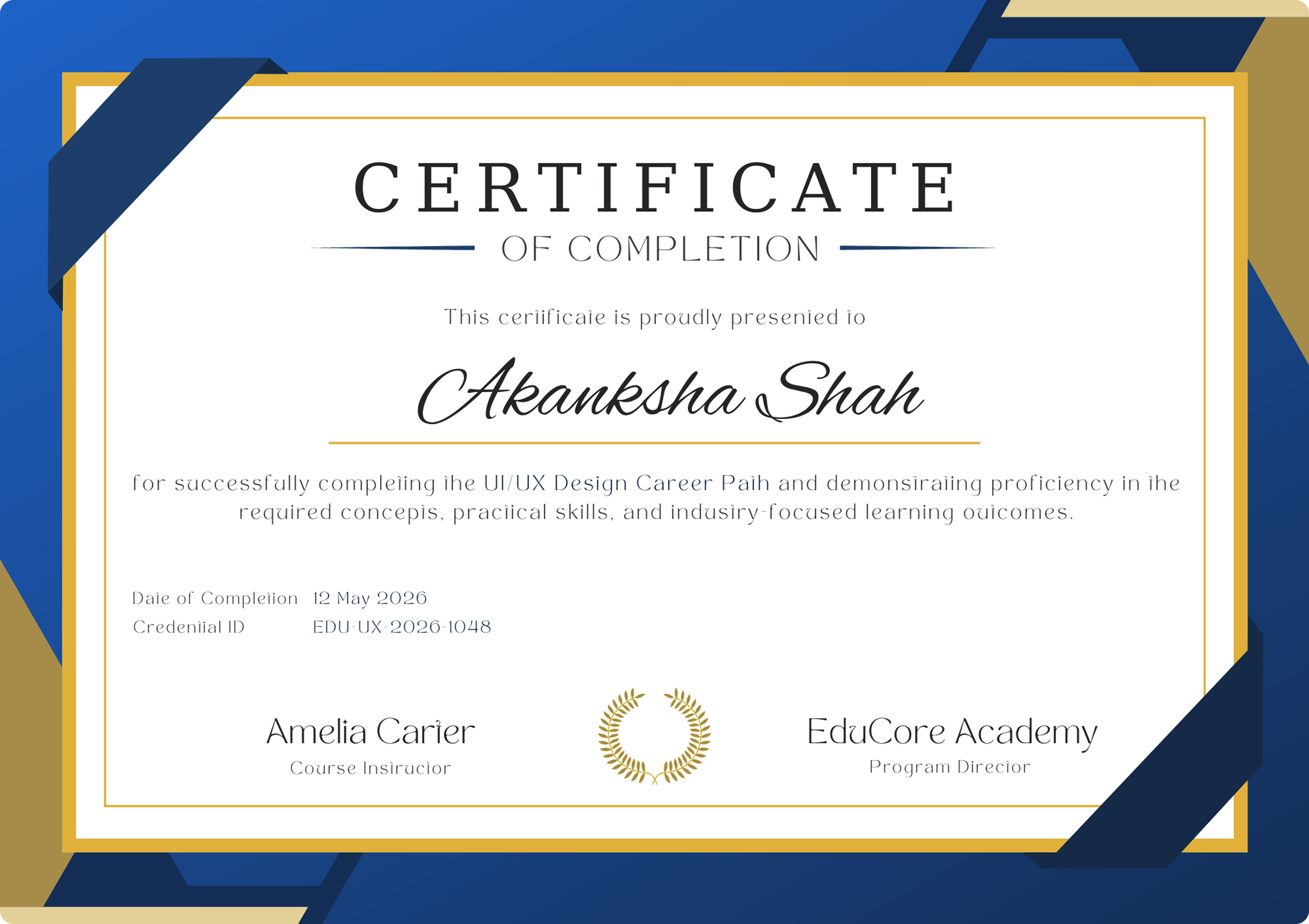 Certificate of completion for Akanksha Shah - UI/UX Design Career Path